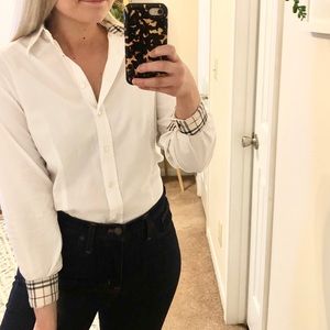 Burberry White Button Down Shirt Plaid Cuffs Large